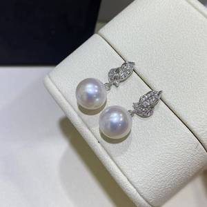 wholesale fine Jewelry S925 <b>Silver</b> Leaf Zircon Freshwater Pearl Dangle <b>Earrings</b>, 10-11mm Round White Pearl <b>Drop</b> <b>Earrings</b> - Product Image 3