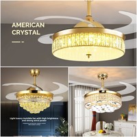 Ventilateur de plafond intégré de style européen en cristal, avec éclairage à fréquence variable, lustre doré LED, télécommande, en fer, intensité réglable, pour salon
