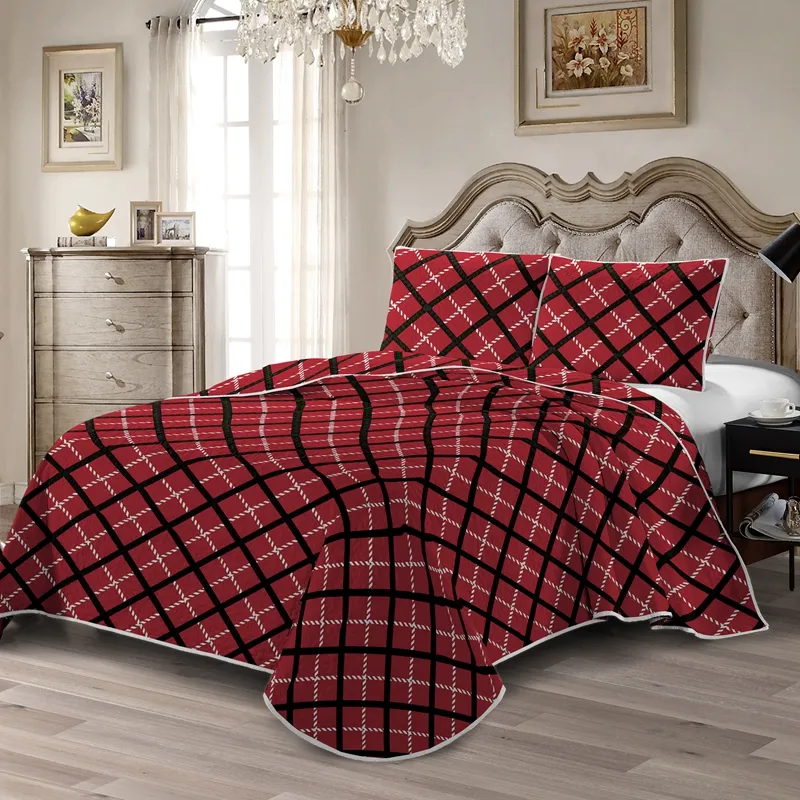 Hot Sale Red Black Plaid Patchwork Quilt Ultrasonic Bedding Set