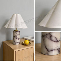 Lampe de table moderne en marbre, lampe de bureau de luxe en pierre avec abat-jour en tissu plissé pour chambre à coucher et salon