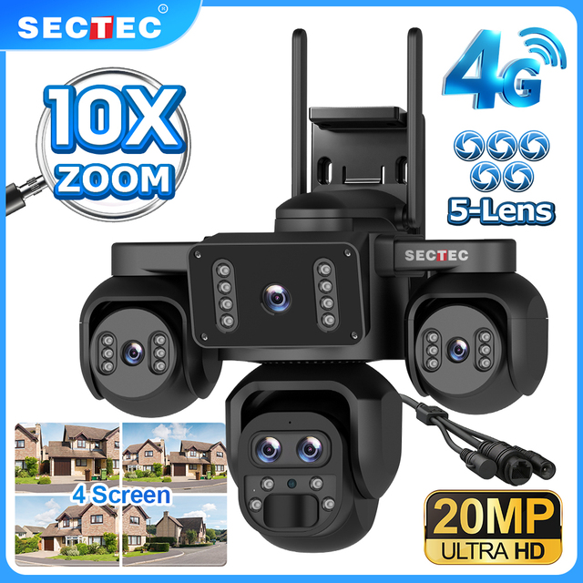Wifi PTZ Camera for 20MP 10X Zoom 5 Lens 4 Views Outdoor Security CMOS Sensor Cloud Storage Two-Way Audio Color Night Vision