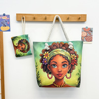 Sac fourre-tout de rangement noir grande capacité Yuanchuang Afrique de l'Ouest, en toile, fait main, avec fermeture éclair, motif dessin animé coloré