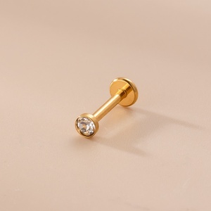 Threadless Push in Lip Ring <b>Gold</b> Plated Flat Back CZ Stone Stainless Steel Earing Ear <b>Piercing</b> Cartilage <b>Tragus</b> Stud Earring - Product Image 3