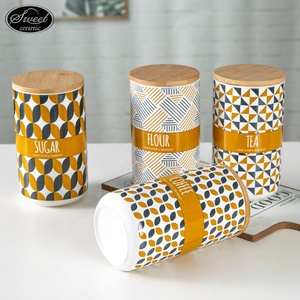 SWT Personalized Wholesale Colorful Customization Coffee Tea Sugar Kitchen White Black <strong>Jars</strong> Ceramic Canister Set With Bamboo Lid - Product Image 2