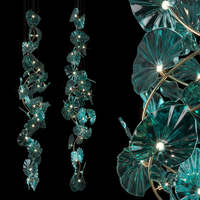 Lustre en verre de luxe, style artistique nordique, pour hall d'hôtel, hall d'entrée, design en métal et verre, éclairage LED, feuilles de lotus émeraude