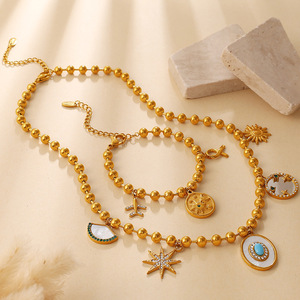 Fun Charm Beaded Jewelry <b>Set</b> Heart Compass Shape Color Retention Stainless Steel Versatile Matching Necklace <b>Bracelet</b> - Product Image 5