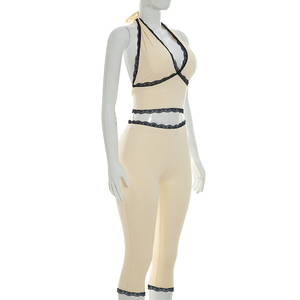 Viviblook J26ST268 Ensemble 2 pièces sexy pour femme : débardeur dos nu en dentelle à col licou et pantalon court côtelé de couleur unie - Product Image 3