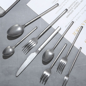 Couverts à manche carré épais ensembles de vaisselle en acier inoxydable fourchette en <span class=keywords><strong>argent</strong></span> couteau cuillère cuillère à café fourchette à thé Table complète Service à manger - Product Image 6