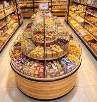 Étagère d'îlot personnalisée en usine pour pesage en vrac, présentoir de snacks pour supermarchés et magasins de proximité