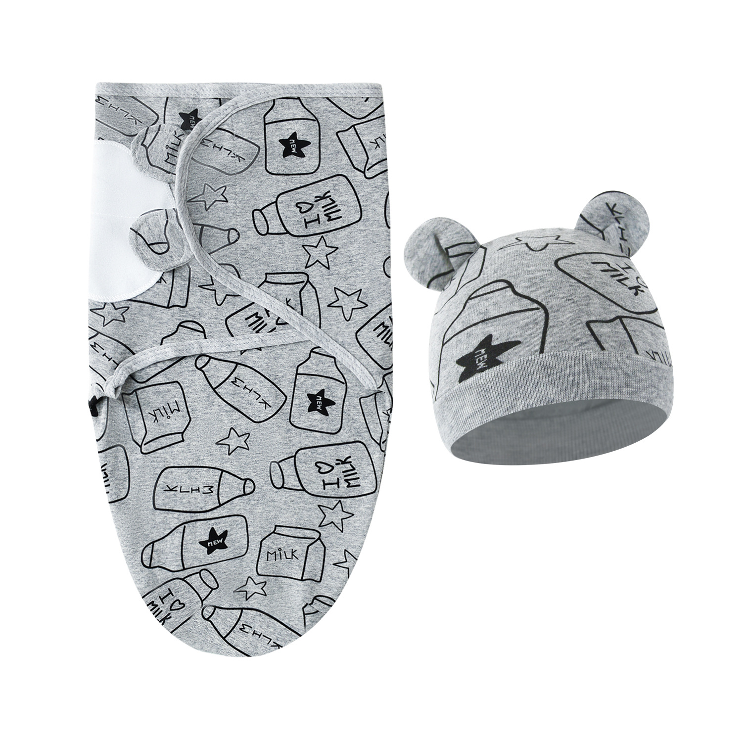 Gray baby bottle-swaddle blanket + hat