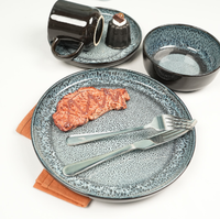 Service de table en grès réactif noir, bleu et gris, 16 pièces, pour la maison, la cuisine, le restaurant, ou comme cadeau