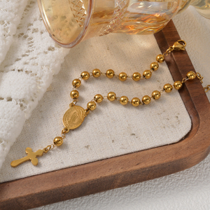 Western Geometric Gold Plated Glossy Ball <b>Rosary</b> Cross Guadalupe Virgin Oval Medal Adjustable 316L Stainless Steel Women's - Product Image 4