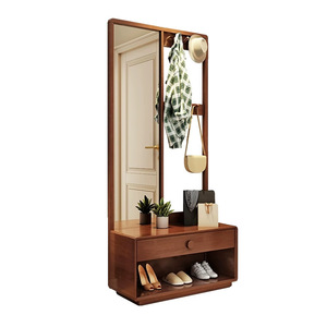 Porte-manteau en bois massif de style japonais 80x35x180cm, rangement polyvalent pour entrée avec miroir et banc à chaussures - Product Image 5