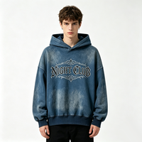 Sweat-shirt à capuche ample bleu délavé effet vieilli, impression de texte gothique rétro Kornit DTG, cadre en strass brillant, pull streetwear