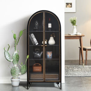 Vitrina de Almacenamiento Negra Estilo Industrial Vintage Shabby Chic con Puertas de Vidrio, 4 Estantes, 1 Cajón y Patas Metálicas para Sala de Estar - Product Image 1