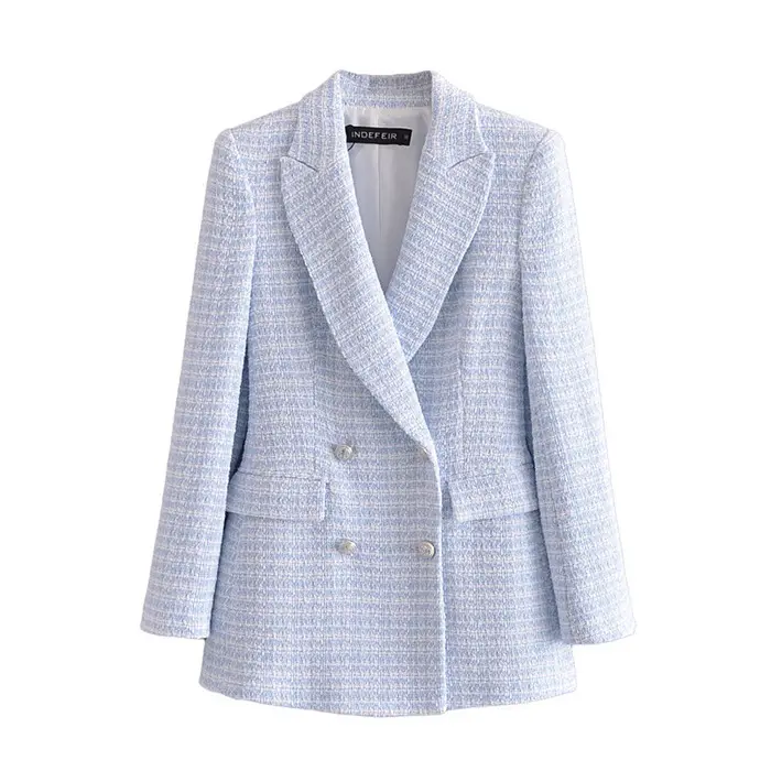 WT516 New 2021 Women Elegant Light Blue Color Tweed Blazer Jacket Coat Ladies Soft Twill Outfit Clothing 11