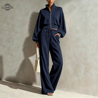 Ensemble de survêtement 2 pièces pour femmes européennes et américaines, cardigan court zippé rayé, pantalon large, tenue décontractée printemps-automne, logo personnalisé