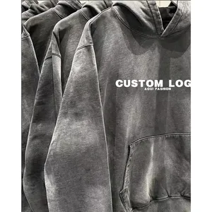 AX manufacturer OEM men's garment dip dyed distressed hoodi custom french terry vintage ripped oversized stone wash hoodie
