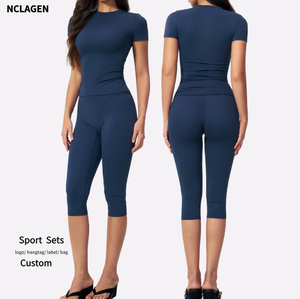 Conjunto Deportivo de <span class=keywords><strong>Yoga</strong></span> para <span class=keywords><strong>Mujer</strong></span>, Top Ajustado de Manga Corta y Leggings de Cintura Alta de Secado Rápido, Conjunto Deportivo de Secado Rápido - Product Image 1
