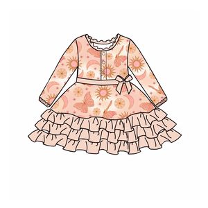 Vestido de Algodón de Bambú con Estampado Personalizado de Fábrica al por Mayor para Niñas, Vestido con Lazo en la Espalda, Estilo Otoñal, para Bebés y Niñas Pequeñas, Largo hasta la Rodilla, Corte en A - Product Image 3