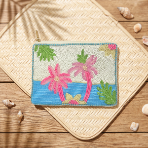 Pochette carrée bohème faite main en microfibre perlée avec fermeture éclair, motif tropical, couleurs mélangées, broderie, couture, mode, voyage - Product Image 1