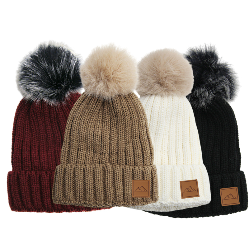 Wholesale Custom Womens Classic Acrylic Rib Knit Fleece Lined Winter Faux Fur Pom Pom Beanie Hat with with Pompoms