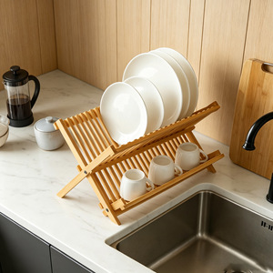 Bamboo Dish <b>Rack</b> Folding Drainer For Kitchen Sink Storage With <b>Plates</b> And Cups - Product Image 1