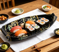 Groothandel wegwerp PET afhaallocaties voor fastfood, op maat gemaakte zwarte bootvormige sushi-, salade- en sandwichdozen, uniek design, aangepast logo