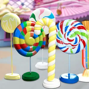 Birthday party candy land decor fiberglass sculptures candy lollipops donut hot air balloon sculptures supplier