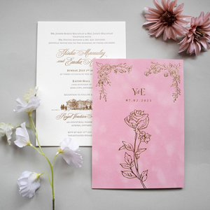 Invitations de mariage de luxe en papier vert velours et typographie, avec illustrations florales de jardin botanique, pour annoncer la date de l'événement - Product Image 5
