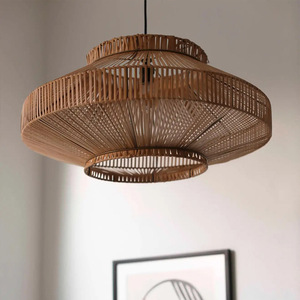 Lampe suspendue ronde en rotin moderne, ampoule LED E27, commande par interrupteur, luminaire pour salon, chambre à coucher, hall d'hôtel - Product Image 3