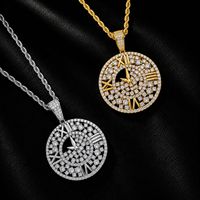 Pendentif Horloge Chiffres Romains en Alliage, Plaqué Argent, Strass Sertis, Collier Rond, Bijoux Hip Hop Prêts à Porter