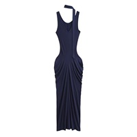Robe longue moulante élégante pour femme, sans manches, col en V, avec détails halter, liens latéraux, plissée et froncée, style OEM