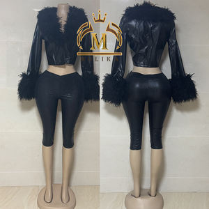 Neu eingetroffen: Damen-Outfit, Kunstleder-Crop-Jacke mit Kunstfell und Schlangen-Leggings, zweiteiliges Set, sexy Club-Vintage-PU-Zweiteiler für Damen - Product Image 3