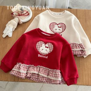 Tongxingyuan Girls Sweatshirt Fleece Lined Cartoon Rabbit Red Beige Autumn Winter Kids Clothing - Product Image 1