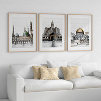 Ensemble d'art mural islamique HAOWAI OEM/ODM : Kaaba, Mecque, Dôme du Rocher, Masjid Nabawi – Décoration murale en aquarelle