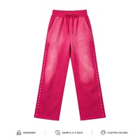 Pantalon de survêtement rose pour homme, coupe large, avec rivets cloutés, délavage délavé, cordon de serrage, taille élastique, 100% coton tricoté, décontracté, automne