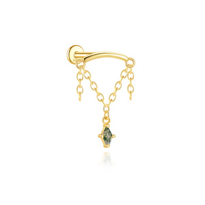 Pendiente Individual de Ágata Musgo Verde Natural, Plata de Ley S925 Chapada en Oro, Elegante Diseño de Rombo con Parte Trasera Plana, Joyería para Piercing - Product Image 1