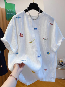 Nuova moda estiva girocollo in <span class=keywords><strong>lino</strong></span> ricamato a maniche corte ampia <span class=keywords><strong>t</strong></span>-<span class=keywords><strong>shirt</strong></span> da <span class=keywords><strong>donna</strong></span> - Product Image 3