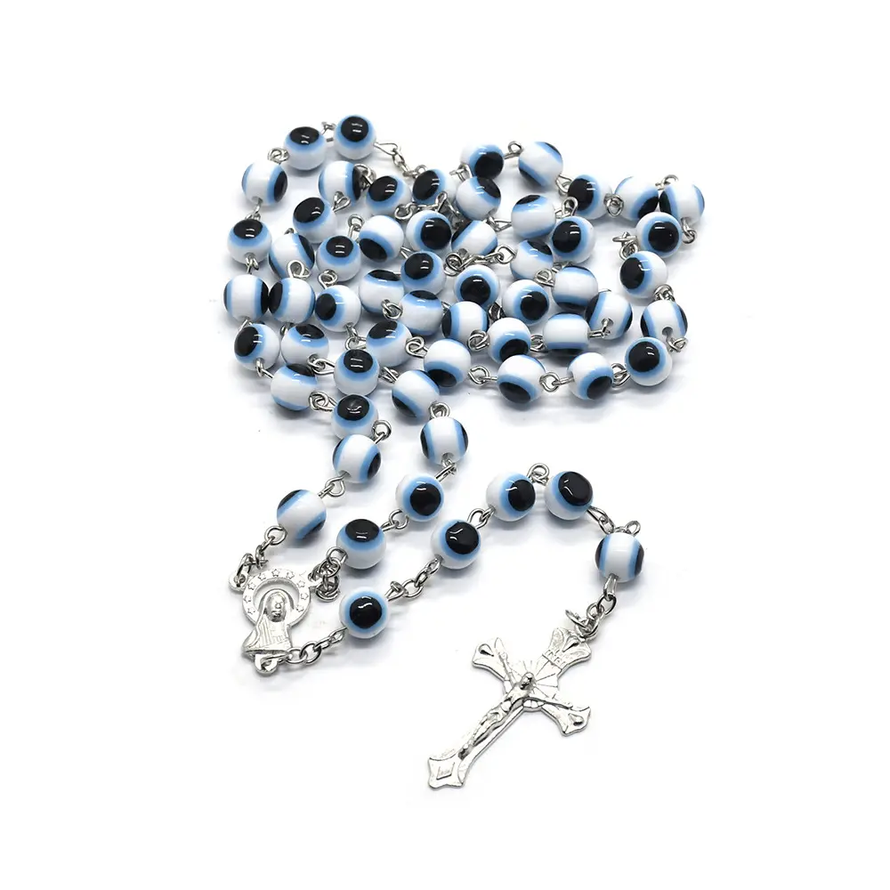 Religious Handmade 8 mm White and Black Turkish lucky Blue Eyes Plastic Beaded Rosary Pendant Necklace Prayer Beads