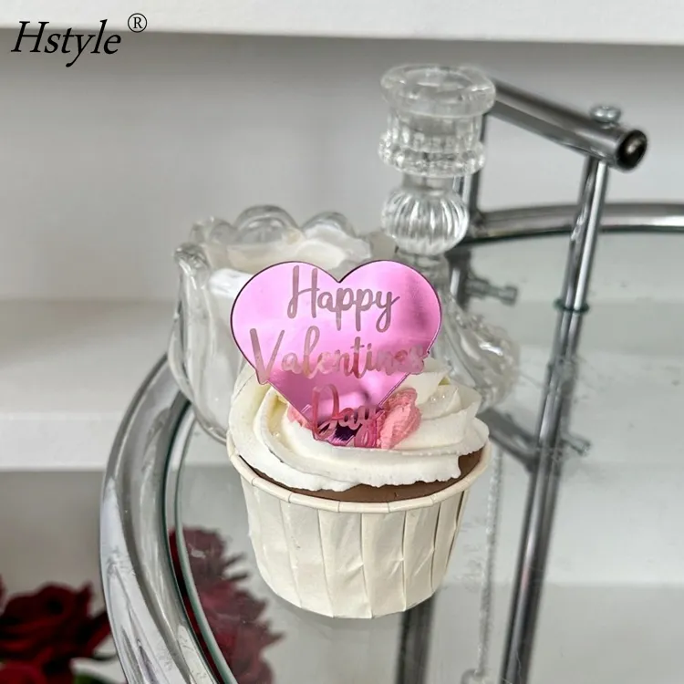 Toppers Cupcake cermin cakram kue akrilik Happy Valentine's Day Toppers kue DIY jimat kue untuk dekorasi Cupcake PQ157
