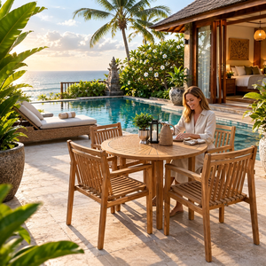 Wooden Garden <b>Table</b> Set <b>Outdoor</b> Patio Furniture <b>Round</b> <b>Table</b> <b>and</b> <b>Chairs</b> for Poolside Yard Villa - Product Image 3