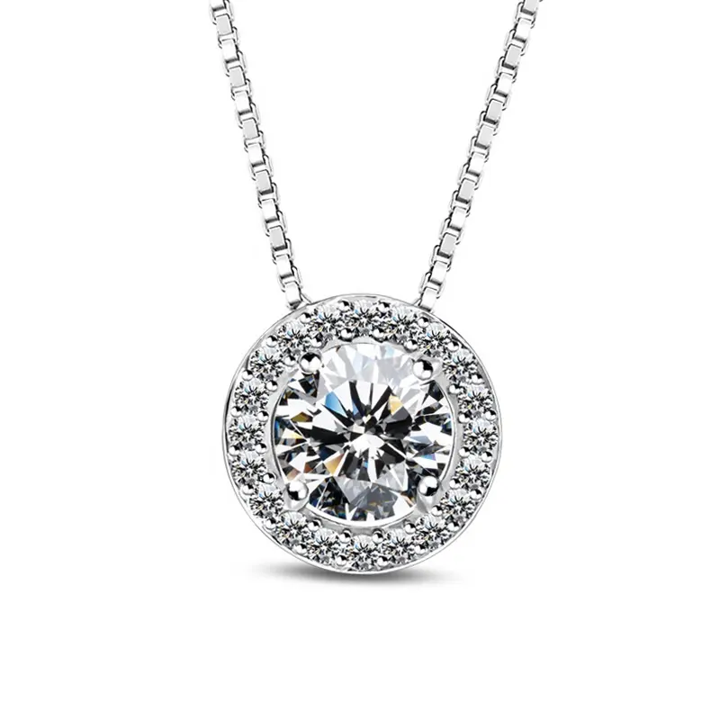 Dc27 925 colar de prata esterlina, na moda redonda zircônia cúbica colar de diamante pingente de cristal da moda