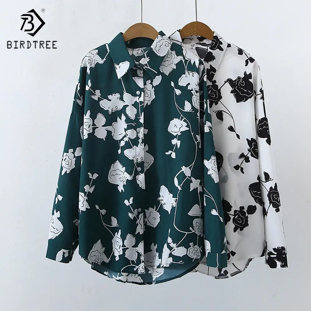 Spring Autumn New Vintage Oversized Shirts Ladies Flower Printing Long Sleeves Casual Turn Down Collar Shirt Tops T28821X