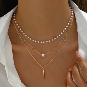 Kalung liontin wanita, rantai Tautan emas tiga lapis elegan dengan mutiara imitasi geometris Strip panjang liontin kalung untuk wanita - Product Image 5