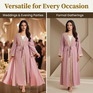 Abaya Abierta de Talla Grande para Mujer, Color Rosa, Poliéster, Bordada con Lentejuelas, Manga Larga, Vestido Maxi con Cinturón - Product Image 5
