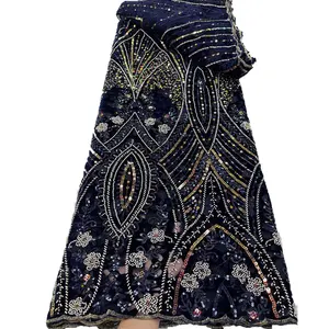 Kain renda beludru bordir payet warna hitam kain renda Afrika kustom untuk gaun