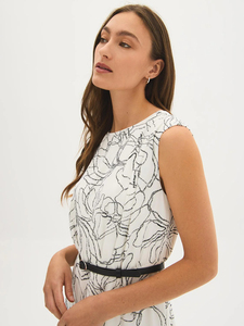 Women's Elegant White Black Abstract Floral Line Art Boat Neck Sleeveless Belted A-Line Midi Dress Formal Office Daily Wear - Product Image 3