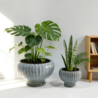 Pot de fleurs en céramique gris émaillé fait à la main en forme de lotus pour la décoration du salon, de l'hôtel et du jardin
