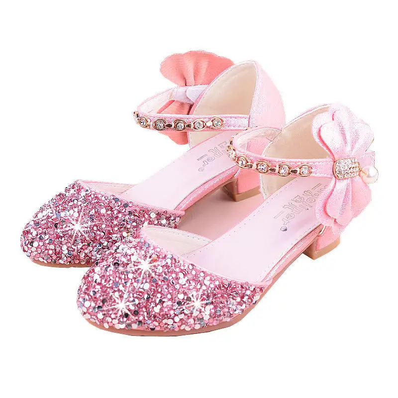 Wholesale Fashion Princess Girl Shoes Shiny Sandals Girl High Heels Beautiful Shoes Bowknot Party Model Show Shoes